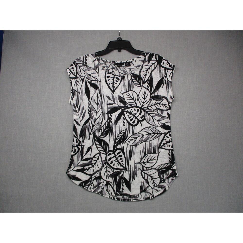 Tahari Black White Modern Floral Minimalist Chic Short-Sleeve‎ Top Womens Size S